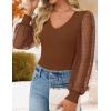 imageZESICA Womens Mesh Puff Long Sleeve Shirts 2026 Spring Trendy V Neck Ribbed Knit Sexy Going Out Tops Dressy Casual Work BlouseBrown