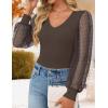 imageZESICA Womens Mesh Puff Long Sleeve Shirts 2026 Spring Trendy V Neck Ribbed Knit Sexy Going Out Tops Dressy Casual Work BlouseCoffee