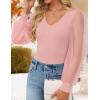 imageZESICA Womens Mesh Puff Long Sleeve Shirts 2026 Spring Trendy V Neck Ribbed Knit Sexy Going Out Tops Dressy Casual Work BlousePink
