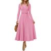 imageZESICA Womens Long Sleeve Midi Sweater Dress 2026 Fall Crewneck Knit A Line Pleated Flowy Long Dresses with BeltPink