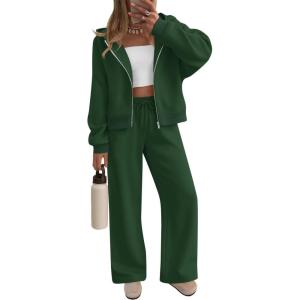 imageZESICA Womens 2 Piece Outfits 2026 Fall Winter Fleece Hoodie Tracksuit Zip Up Sweatshirt Long Sweatpant Matching SetDarkgreen