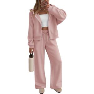 imageZESICA Womens 2 Piece Outfits 2026 Fall Winter Fleece Hoodie Tracksuit Zip Up Sweatshirt Long Sweatpant Matching SetDarkpink