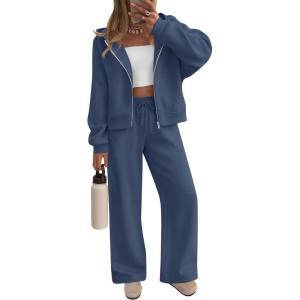 imageZESICA Womens 2 Piece Outfits 2026 Fall Winter Fleece Hoodie Tracksuit Zip Up Sweatshirt Long Sweatpant Matching SetNavy
