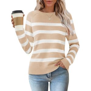 imageZESICA Womens Long Sleeve Lightweight Striped Tops 2026 Fall Crewneck Ribbed Knit ShirtsApricot
