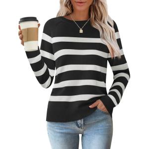 imageZESICA Womens Long Sleeve Lightweight Striped Tops 2026 Fall Crewneck Ribbed Knit ShirtsBlack