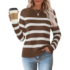 imageZESICA Womens Long Sleeve Lightweight Striped Tops 2026 Fall Crewneck Ribbed Knit ShirtsBrown