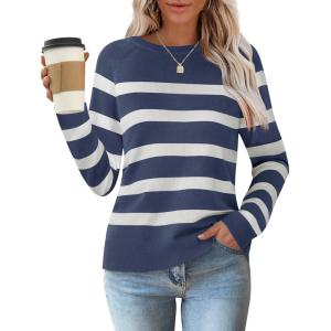 imageZESICA Womens Long Sleeve Lightweight Striped Tops 2026 Fall Crewneck Ribbed Knit ShirtsDark Blue