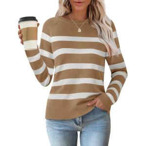 imageZESICA Womens Long Sleeve Lightweight Striped Tops 2026 Fall Crewneck Ribbed Knit ShirtsKhaki