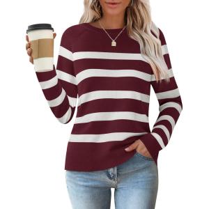 imageZESICA Womens Long Sleeve Lightweight Striped Tops 2026 Fall Crewneck Ribbed Knit ShirtsWine