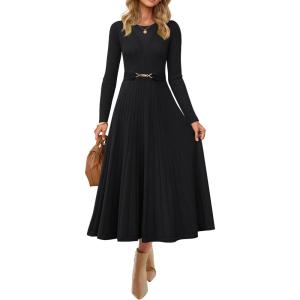 imageZESICA Womens Long Sleeve Midi Sweater Dress 2026 Fall Crewneck Knit A Line Pleated Flowy Long Dresses with BeltBlack