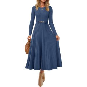 imageZESICA Womens Long Sleeve Midi Sweater Dress 2026 Fall Crewneck Knit A Line Pleated Flowy Long Dresses with BeltDark Blue