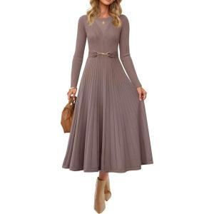 imageZESICA Womens Long Sleeve Midi Sweater Dress 2026 Fall Crewneck Knit A Line Pleated Flowy Long Dresses with BeltKhaki