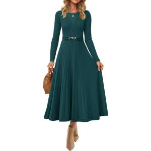 imageZESICA Womens Long Sleeve Midi Sweater Dress 2026 Fall Crewneck Knit A Line Pleated Flowy Long Dresses with BeltTeal