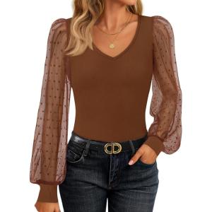imageZESICA Womens Mesh Puff Long Sleeve Shirts 2026 Spring Trendy V Neck Ribbed Knit Sexy Going Out Tops Dressy Casual Work BlouseBrown