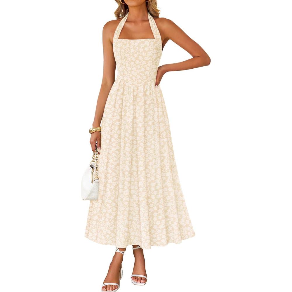 imageZESICA Womens Summer Sleeveless Floral Midi Dresses 2026 Halter Neck Wedding Guest Cocktail Party Flowy A Line Long DressApricot