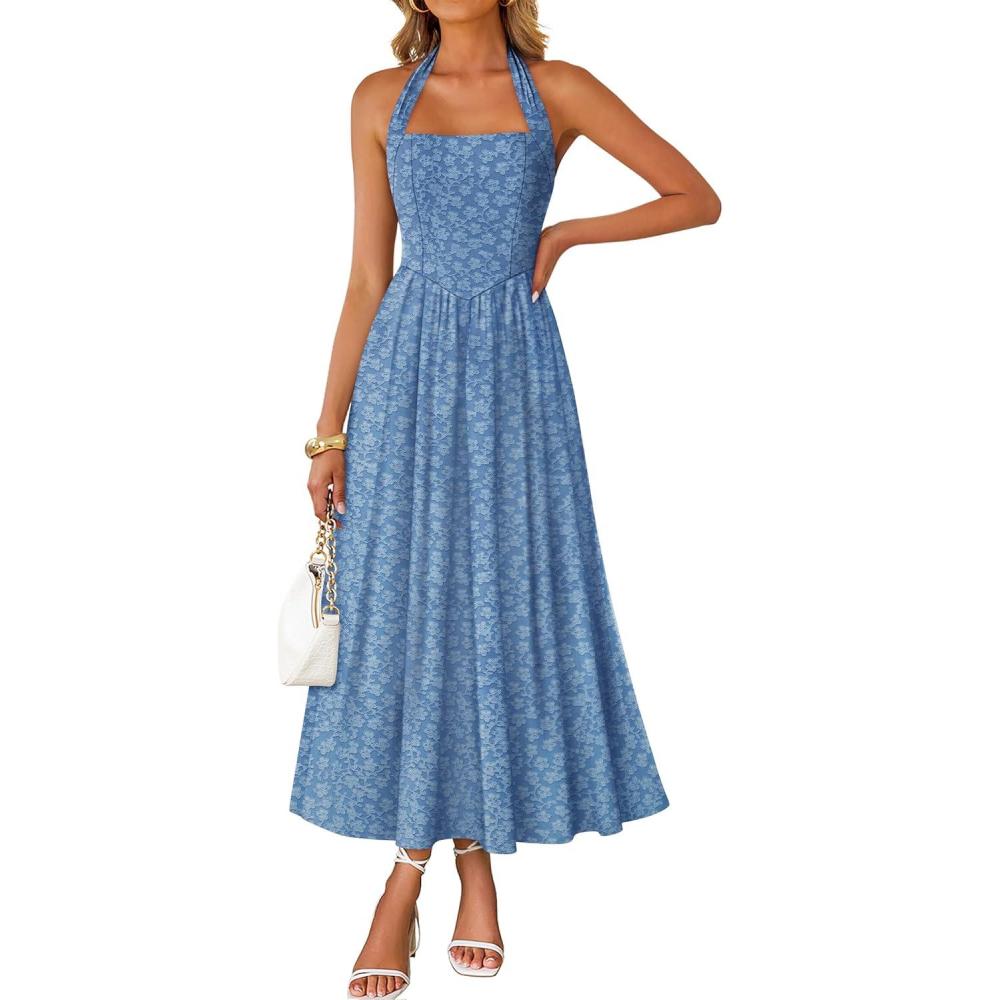 imageZESICA Womens Summer Sleeveless Floral Midi Dresses 2026 Halter Neck Wedding Guest Cocktail Party Flowy A Line Long DressDustyblue