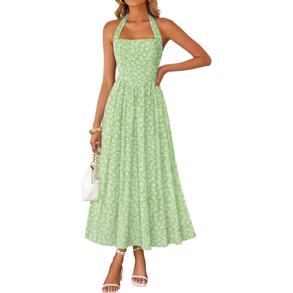 imageZESICA Womens Summer Sleeveless Floral Midi Dresses 2026 Halter Neck Wedding Guest Cocktail Party Flowy A Line Long DressLightgreen
