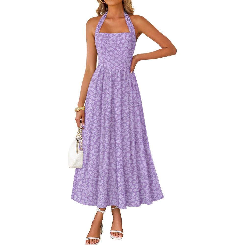 imageZESICA Womens Summer Sleeveless Floral Midi Dresses 2026 Halter Neck Wedding Guest Cocktail Party Flowy A Line Long DressPurple