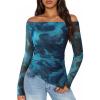 imageZESICA Floral Mesh Off Shoulder Long Sleeve Tops for Women 2026 Y2k Double Lined Sheer Spring Going Out ShirtsBlue