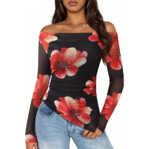 imageZESICA Floral Mesh Off Shoulder Long Sleeve Tops for Women 2026 Y2k Double Lined Sheer Spring Going Out ShirtsBlack