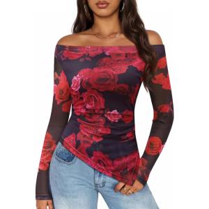 imageZESICA Floral Mesh Off Shoulder Long Sleeve Tops for Women 2026 Y2k Double Lined Sheer Spring Going Out ShirtsBlackred