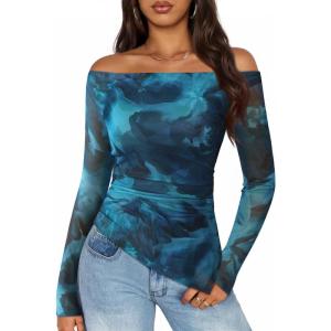imageZESICA Floral Mesh Off Shoulder Long Sleeve Tops for Women 2026 Y2k Double Lined Sheer Spring Going Out ShirtsBlue