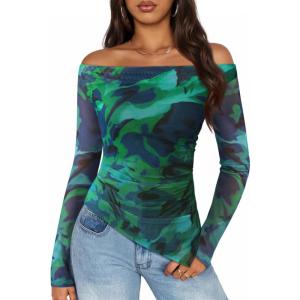 imageZESICA Floral Mesh Off Shoulder Long Sleeve Tops for Women 2026 Y2k Double Lined Sheer Spring Going Out ShirtsLakegreen