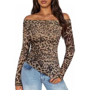 imageZESICA Floral Mesh Off Shoulder Long Sleeve Tops for Women 2026 Y2k Double Lined Sheer Spring Going Out ShirtsLeopardbrown