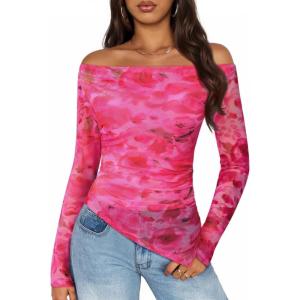 imageZESICA Floral Mesh Off Shoulder Long Sleeve Tops for Women 2026 Y2k Double Lined Sheer Spring Going Out ShirtsPink