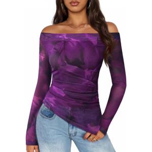 imageZESICA Floral Mesh Off Shoulder Long Sleeve Tops for Women 2026 Y2k Double Lined Sheer Spring Going Out ShirtsPurple