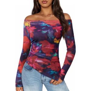 imageZESICA Floral Mesh Off Shoulder Long Sleeve Tops for Women 2026 Y2k Double Lined Sheer Spring Going Out ShirtsPurplered