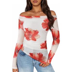 imageZESICA Floral Mesh Off Shoulder Long Sleeve Tops for Women 2026 Y2k Double Lined Sheer Spring Going Out ShirtsWhite