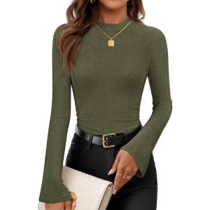 imageZESICA Womens Long Sleeve Shirts 2026 Spring Mock Neck Ribbed Slim Fit Tops Basic Tees Dressy Casual Outfits ClothesArmygreen