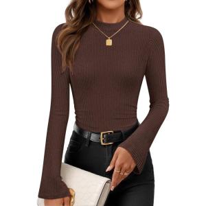 imageZESICA Womens Long Sleeve Shirts 2026 Spring Mock Neck Ribbed Slim Fit Tops Basic Tees Dressy Casual Outfits ClothesDarkbrown