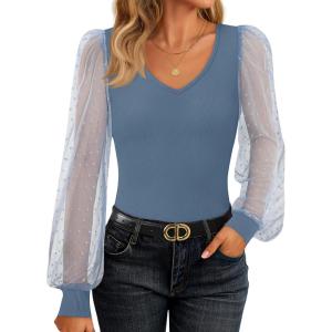 imageZESICA Womens Mesh Puff Long Sleeve Shirts 2026 Spring Fall V Neck Ribbed Knit Sexy Going Out Tops Casual Work BlouseDusty Blue