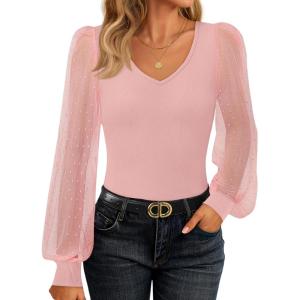 imageZESICA Womens Mesh Puff Long Sleeve Shirts 2026 Spring Fall V Neck Ribbed Knit Sexy Going Out Tops Casual Work BlousePink