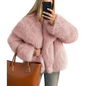 imageZESICA Womens Winter Faux Fur Coats Fluffy Jacket 2026 Trendy Long Sleeve Lapel Shaggy Warm Outerwear with PocketsPink