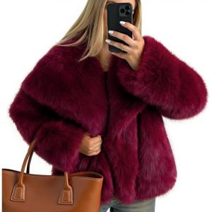 imageZESICA Womens Winter Faux Fur Coats Fluffy Jacket 2026 Trendy Long Sleeve Lapel Shaggy Warm Outerwear with PocketsWine