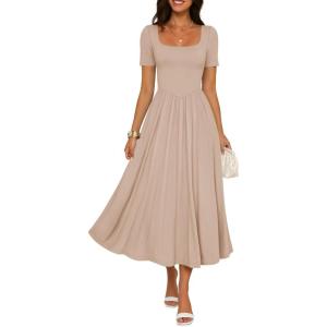 imageZESICA Summer Wedding Guest Dresses for Women 2026 Elegant Classy Square Neck Short Sleeve Cocktail Party Midi DressApricot