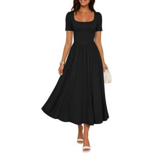 imageZESICA Summer Wedding Guest Dresses for Women 2026 Elegant Classy Square Neck Short Sleeve Cocktail Party Midi DressBlack