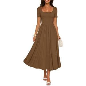 imageZESICA Summer Wedding Guest Dresses for Women 2026 Elegant Classy Square Neck Short Sleeve Cocktail Party Midi DressBrown
