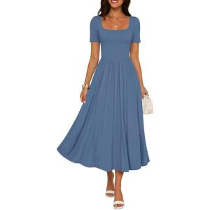 imageZESICA Summer Wedding Guest Dresses for Women 2026 Elegant Classy Square Neck Short Sleeve Cocktail Party Midi DressDusty Blue