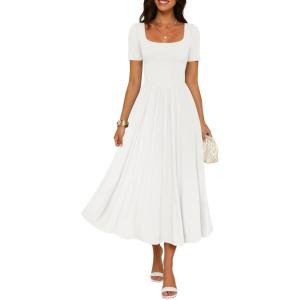 imageZESICA Summer Wedding Guest Dresses for Women 2026 Elegant Classy Square Neck Short Sleeve Cocktail Party Midi DressWhite