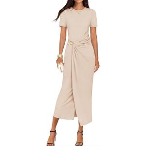 imageZESICA Womens 2026 Summer Short Sleeve Bodycon Midi Dress Crewneck Ruched Wedding Guest Cocktail Party Long DressesApricot