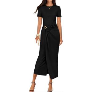 imageZESICA Womens 2026 Summer Short Sleeve Bodycon Midi Dress Crewneck Ruched Wedding Guest Cocktail Party Long DressesBlack