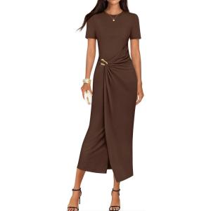 imageZESICA Womens 2026 Summer Short Sleeve Bodycon Midi Dress Crewneck Ruched Wedding Guest Cocktail Party Long DressesCoffee