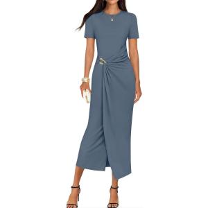 imageZESICA Womens 2026 Summer Short Sleeve Bodycon Midi Dress Crewneck Ruched Wedding Guest Cocktail Party Long DressesDusty Blue
