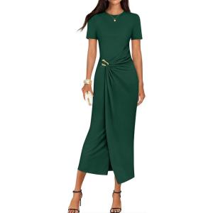 imageZESICA Womens 2026 Summer Short Sleeve Bodycon Midi Dress Crewneck Ruched Wedding Guest Cocktail Party Long DressesGreen