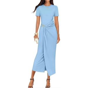 imageZESICA Womens 2026 Summer Short Sleeve Bodycon Midi Dress Crewneck Ruched Wedding Guest Cocktail Party Long DressesLight Blue
