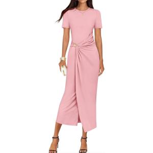 imageZESICA Womens 2026 Summer Short Sleeve Bodycon Midi Dress Crewneck Ruched Wedding Guest Cocktail Party Long DressesPink